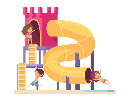 Aquapark composition with big castle shaped water slide and doodle characters of happy children vector illustrationのイラスト素材