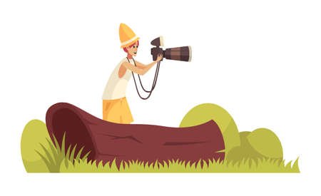 Safari composition with outdoor scenery and human character shooting with photo camera vector illustrationのイラスト素材