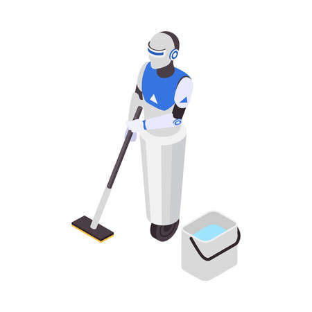 Professional cleaning service isometric composition with character of anthropomorphic robot with vacuum cleaner on blank background vector illustrationのイラスト素材