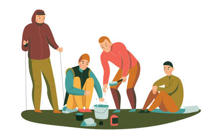 Mountain climbing trekking hiking flat composition with group of hikers cooking food vector...