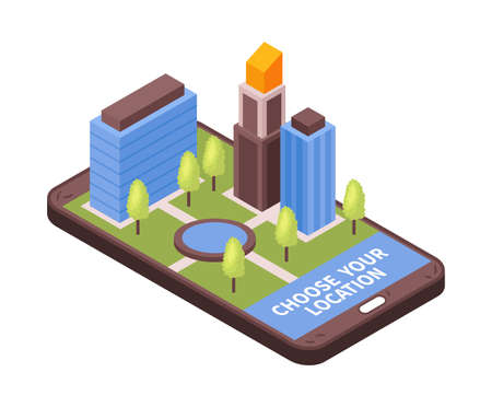 Isometric taxi navigation composition with image of smartphone with city block on top vector illustrationのイラスト素材