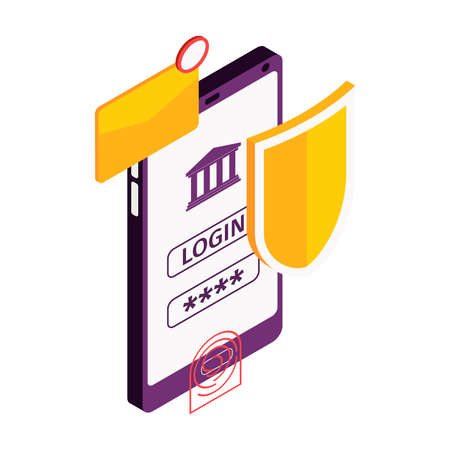 Isometric online mobile bank composition with icons of laptop protection and payment methods vector illustrationのイラスト素材