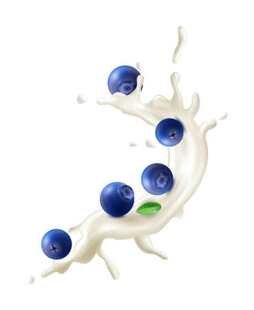 Realistic milk yogurt berries composition with splashes of white liquid and ripe blueberry vector illustrationのイラスト素材