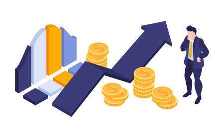 Isometric marketing strategy business composition of isolated infographic icons coins and male character on blank background vector illustrationのイラスト素材