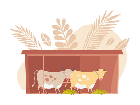 Flat icon with two milk cows on farm on background with wheat ears vector illustrationのイラスト素材