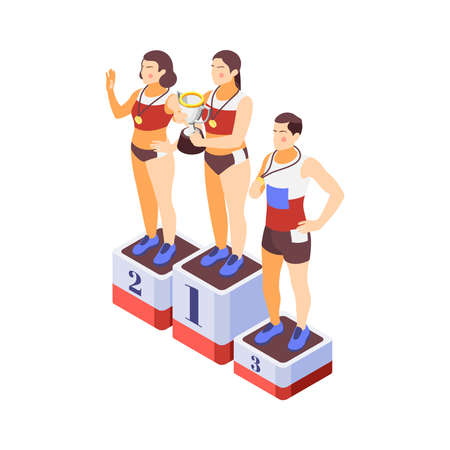 Jogging running people fitness accessories isometric composition with isolated image of winners podium with athletes vector illustrationのイラスト素材