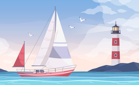 Yachting cartoon composition with view of water bay and sailing small yacht with lighthouse on shore vector illustrationのイラスト素材