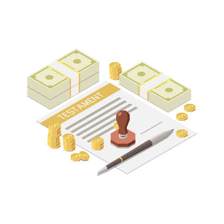 Notary services isometric composition with images of testament paper stamp pen and coins with cash vector illustrationのイラスト素材