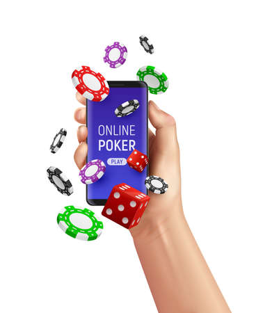 Realistic poker club casino composition with human hand holding smartphone and flying chips vector illustrationのイラスト素材