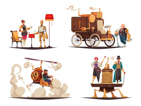 Four cartoon compositions with steampunk characters and vintage cars isolated on white background vector illustrationのイラスト素材