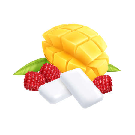 Fruit chewing gum pads with mango mint and raspberry realistic vector illustrationのイラスト素材