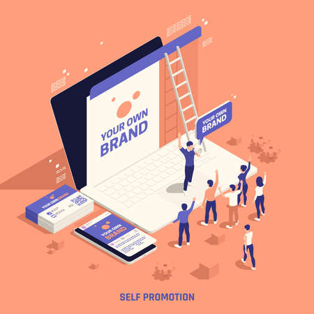 Self promotion own brand building creating personal website reaching target market customers isometric background composition vector illustrationのイラスト素材