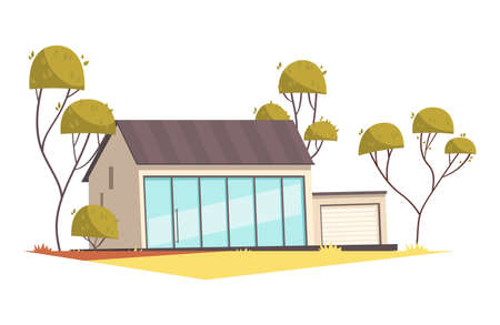 House design composition with exotic scenery with trees and image of living house facade flat isolated vector illustrationのイラスト素材