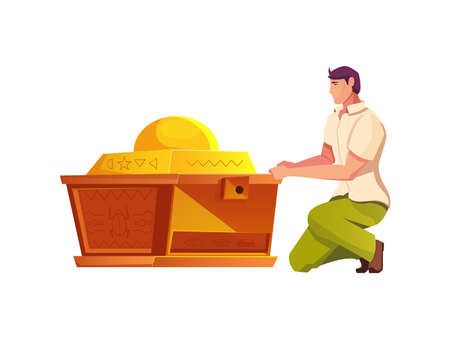 Treasure hunt flat composition with male character opening ancient chest vector illustrationのイラスト素材