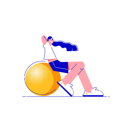 Fitness people flat composition with girl sitting on big rubber ball vector illustrationのイラスト素材