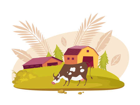Flat cow grazing on green field next to farm house vector illustrationのイラスト素材