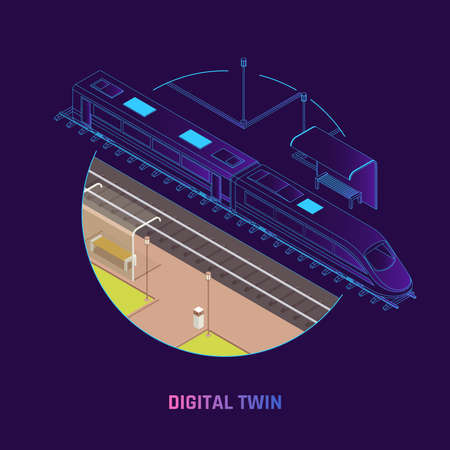 Rail network digital twin technology railway operations speed train virtual replica design isometric background composition vector illustrationのイラスト素材