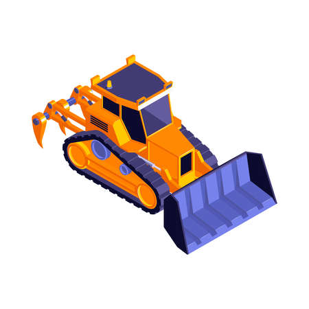 Isometric road construction roller composition with isolated image of orange bulldozer vector illustrationのイラスト素材