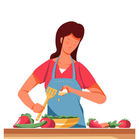Woman cooking healthy vegetable salad flat vector illustrationのイラスト素材