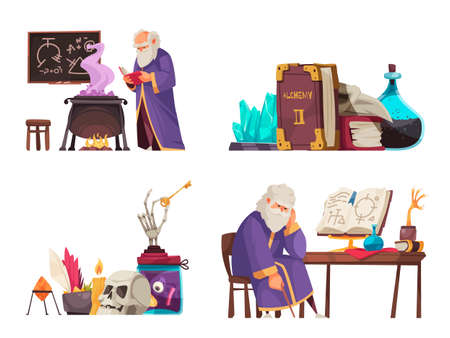 Cartoon alchemy compositions with various alchemical tools and old man making potions isolated vector illustrationのイラスト素材