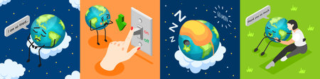 Isometric earth hour composition set with character of tired planet sleeping and thanking woman 3d isolated vector illustrationのイラスト素材