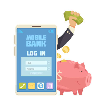 Online mobile bank composition with images of smartphone with login page human hand with money and piggy bank vector illustrationのイラスト素材