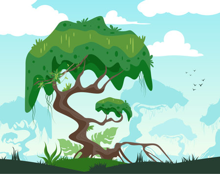 Lonely majestic tropical tree landscape and jungle plants on the background flat vector illustrationのイラスト素材