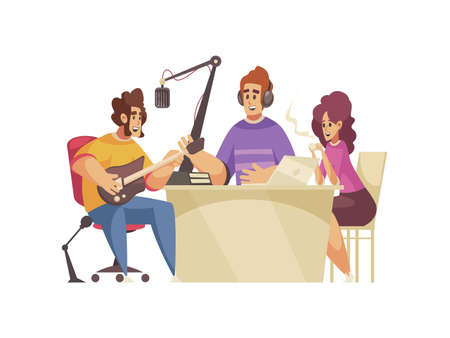 Radio composition with flat characters of radio station employees at working place with guest vector illustrationのイラスト素材