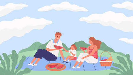 Happy family with kid eating watermelon on picnic flat vector illustrationのイラスト素材