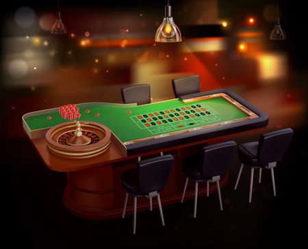 Classic roulette table in casino room with spin wheel reel and chips realistic background vector illustrationのイラスト素材