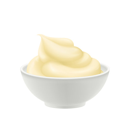 Realistic bowl of fresh mayonnaise on white background vector illustrationのイラスト素材