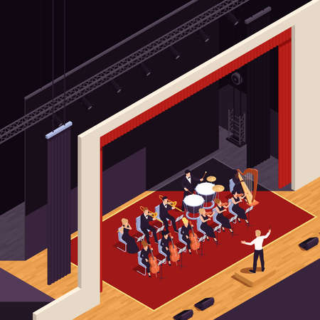 Grand theater performance isometric background with orchestra symbols vector illustrationのイラスト素材