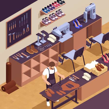 Shoes and footwear production background with shoemaker workplace symbols isometric vector...