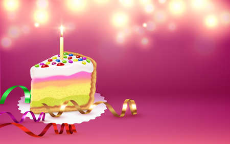 Cake piece serpentine burning candle festive birthday party accessories blurry lights mauve...