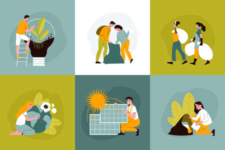 Ecology flat design concept with people planting trees collecting garbage using solar panels isolated vector illustrationのイラスト素材