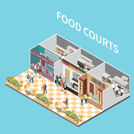 Shopping mall airport take away cafe food courts isometric view with arranging meals personnel customers vector illustrationのイラスト素材