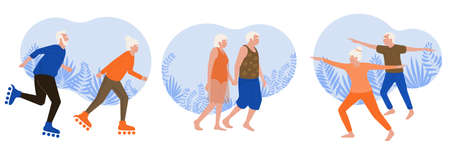 Color composition of old people walking in the park flat vector illustrationのイラスト素材