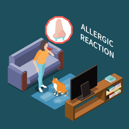 Animal hair allergies isometric composition with cat owner runny nose allergic reaction symptom interior objects vector illustrationのイラスト素材