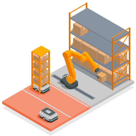 Modern warehouse isometric concept robotic arm sorts and arranges boxes from the production belt to the shelf vector illustrationのイラスト素材