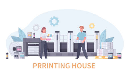 Printing house polygraphy cartoon concept with printing house headline and two employers at the workplace vector illustrationのイラスト素材