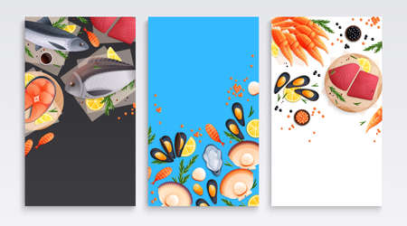Seafood cafe bar restaurant market advertising posters banners cards set with salmon shellfish oysters flat vector illustrationのイラスト素材