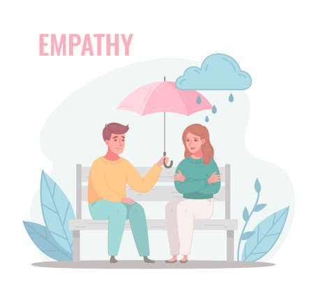 Empathy characters cartoon composition with couple sitting on bench with umbrella on rainy day with text vector illustrationのイラスト素材