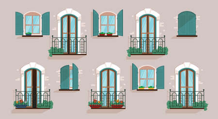 Glazed windows and balconies on the gray facade of the house flat vector illustrationのイラスト素材