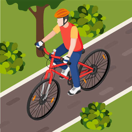 Man wearing orange helmet riding his red bicycle along park 3d isometric vector illustrationのイラスト素材
