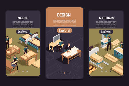 Wooden furniture production info 3 isometric smartphone screens with designer drawings timber selection manufacturing process vector illustrationのイラスト素材