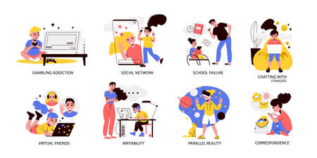 Children gadget addiction compositions demonstrated kids gambling chatting with strangers communicating with virtual friends isolated vector illustrationのイラスト素材