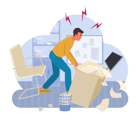 Professional burnout syndrome composition with aggressive male character creating chaos in his office room vector illustrationのイラスト素材