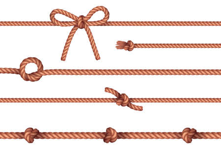 Durable natural straight rope cord pieces with simple knots lashings horizontal set decorative border pattern vector illustrationのイラスト素材