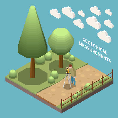 Geology earth exploration isometric composition geologist at work measuring something with special instruments vector illustrationのイラスト素材