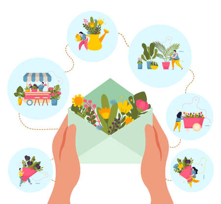 Flower shop concept with greeting bouquet symbols flat vector illustrationのイラスト素材